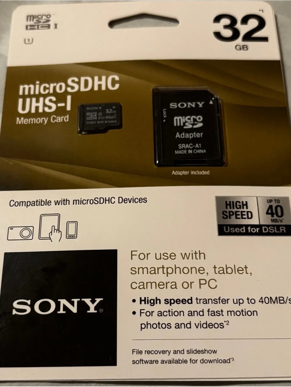 Sony 32GB microSDHC UHS-I Memory Card with Adapter - Black & Gold Packaging